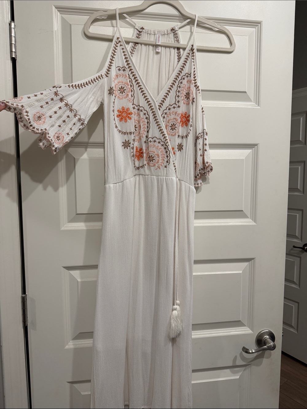 Boho White Maxi Dress with Pink, Brown, and Orange Embroidery